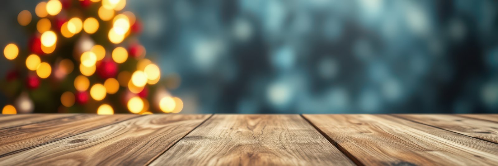 Holiday festive background with wooden table and blurred Christmas tree lights